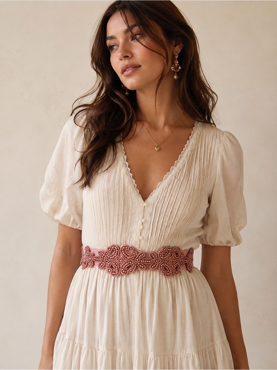 Anthropologie Accessories - Anthropologie Pink Beaded Stretch Waist Belt | Boho Floral Statement Belt